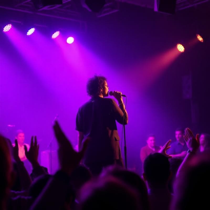 Singer performing on a warmly lit stage