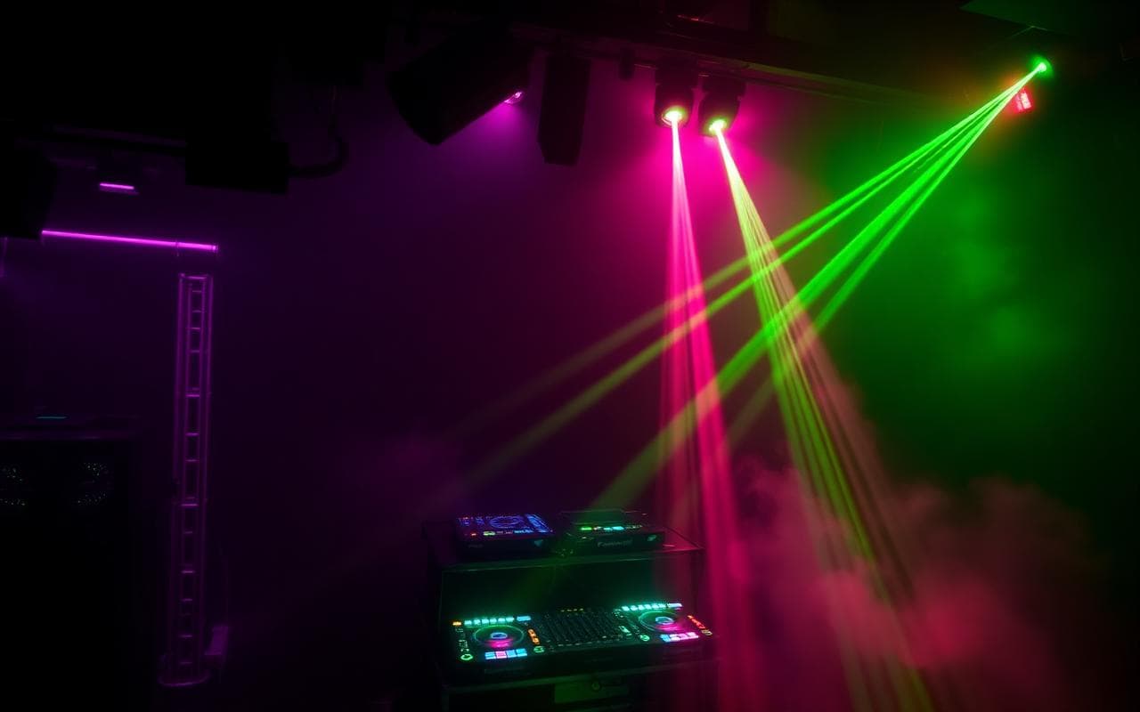 DJ performing under blue lights
